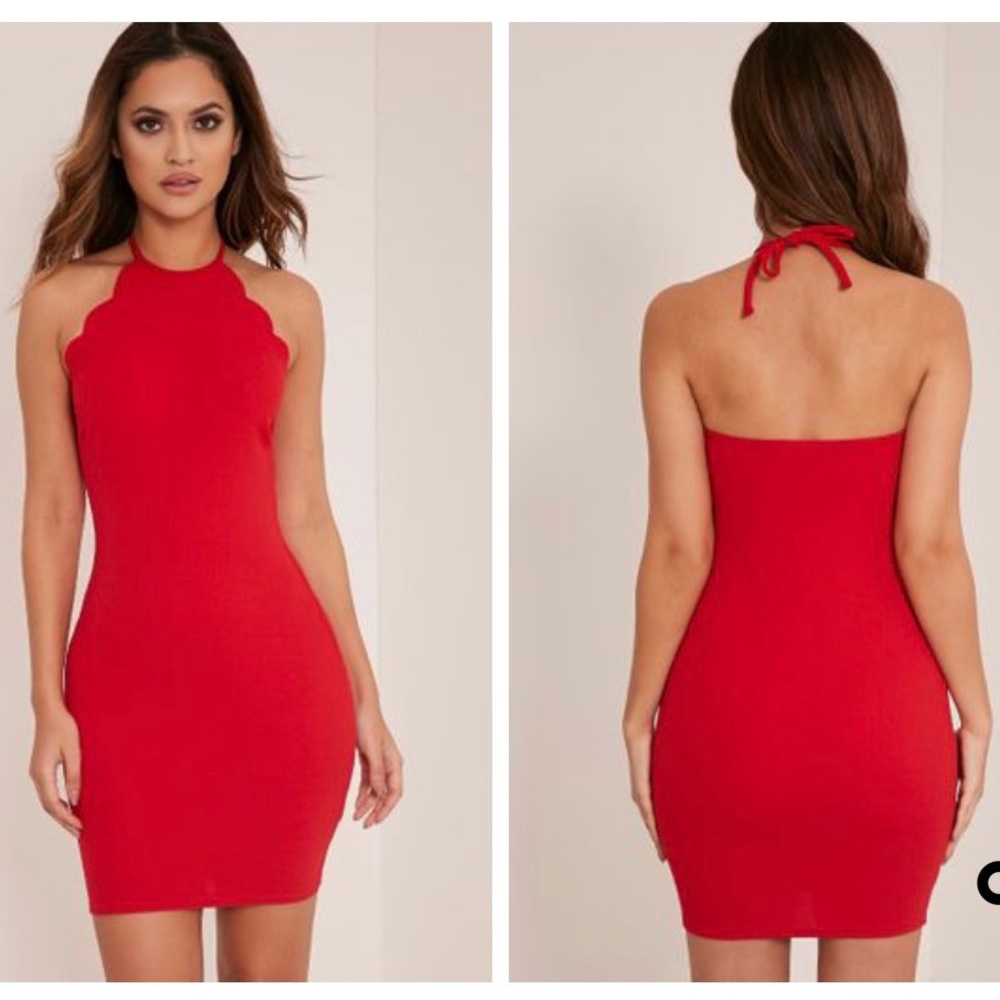 PrettyLittleThing Tabby Red Scallop Bodycon Dress